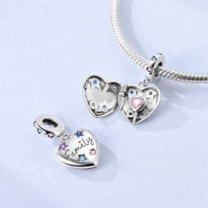 Family Heart Locket Dangle Sterling Silver Charm Hallmarked S925 for Charm Bracelet and Necklace