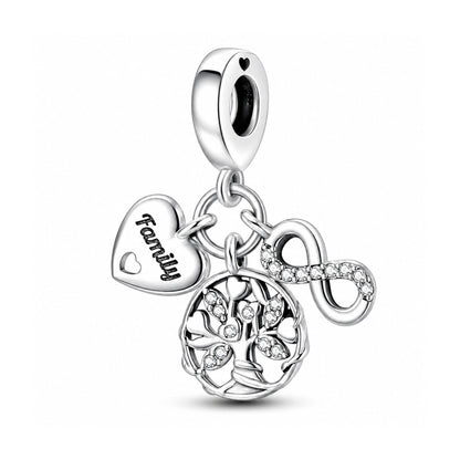Family Tree, Heart & Infinity Triple Dangle Charm Hallmarked S925 for Charm Bracelet and Necklace