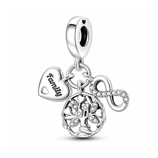 Family Tree, Heart & Infinity Triple Dangle Charm Hallmarked S925 for Charm Bracelet and Necklace