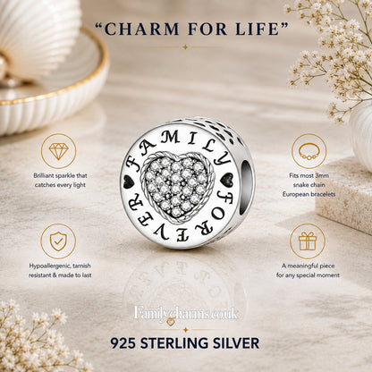 Family Forever Bead Sterling Silver Charm Hallmarked S925 for Charm Bracelet and Necklace