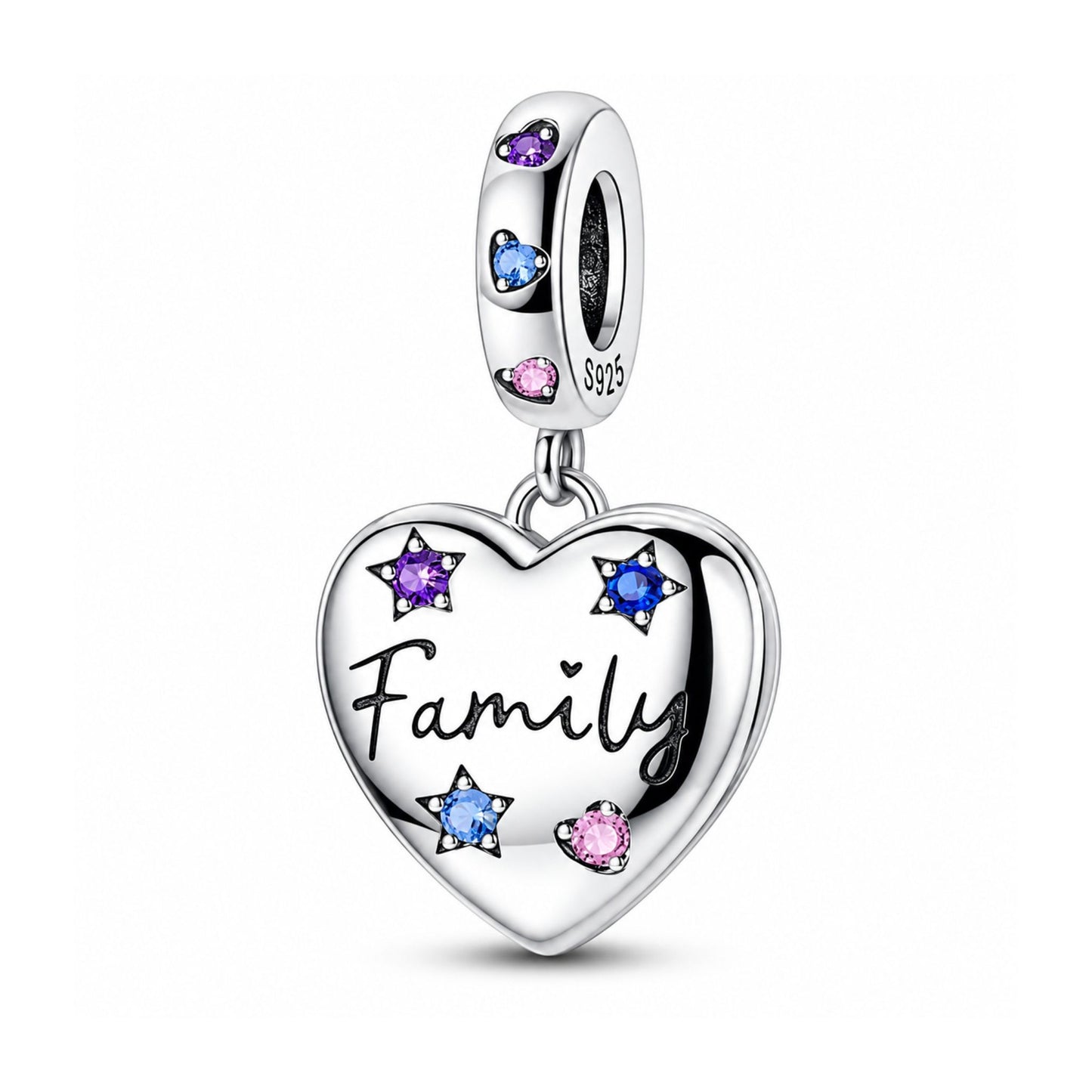 Family Heart Locket Dangle Sterling Silver Charm Hallmarked S925 for Charm Bracelet and Necklace