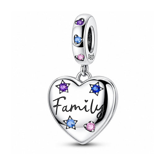 Family Heart Locket Dangle Sterling Silver Charm Hallmarked S925 for Charm Bracelet and Necklace