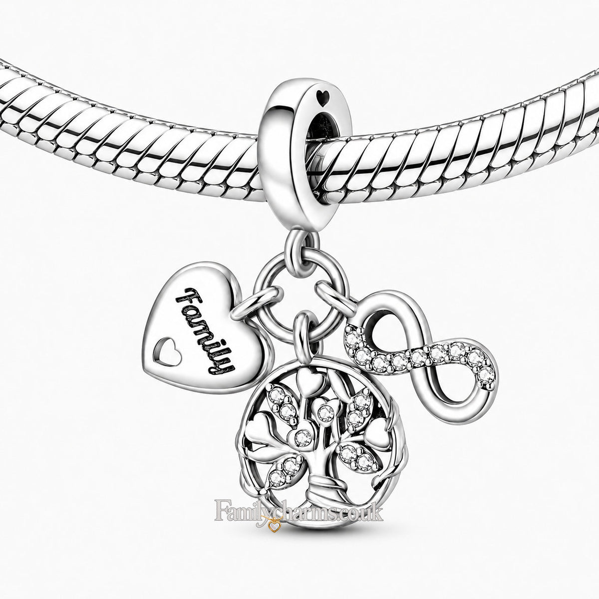 Family Tree, Heart & Infinity Triple Dangle Charm Hallmarked S925 for Charm Bracelet and Necklace