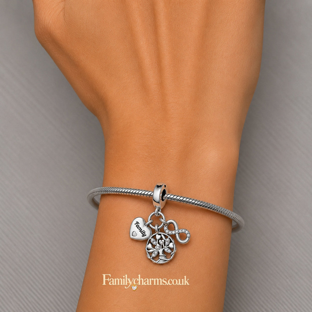 Family Tree, Heart & Infinity Triple Dangle Charm Hallmarked S925 for Charm Bracelet and Necklace