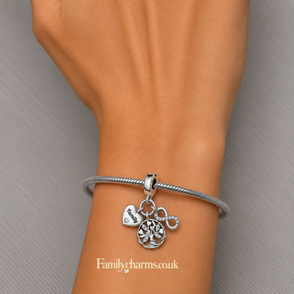 Family Tree, Heart & Infinity Triple Dangle Charm Hallmarked S925 for Charm Bracelet and Necklace
