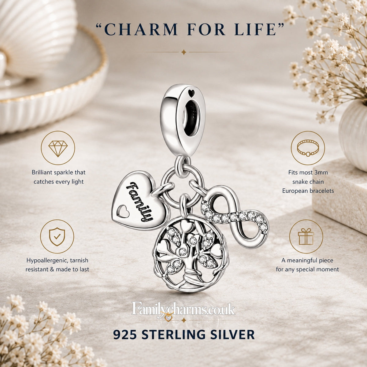 Family Tree, Heart & Infinity Triple Dangle Charm Hallmarked S925 for Charm Bracelet and Necklace