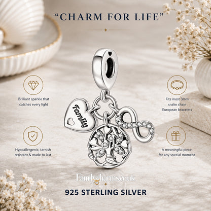 Family Tree, Heart & Infinity Triple Dangle Charm Hallmarked S925 for Charm Bracelet and Necklace