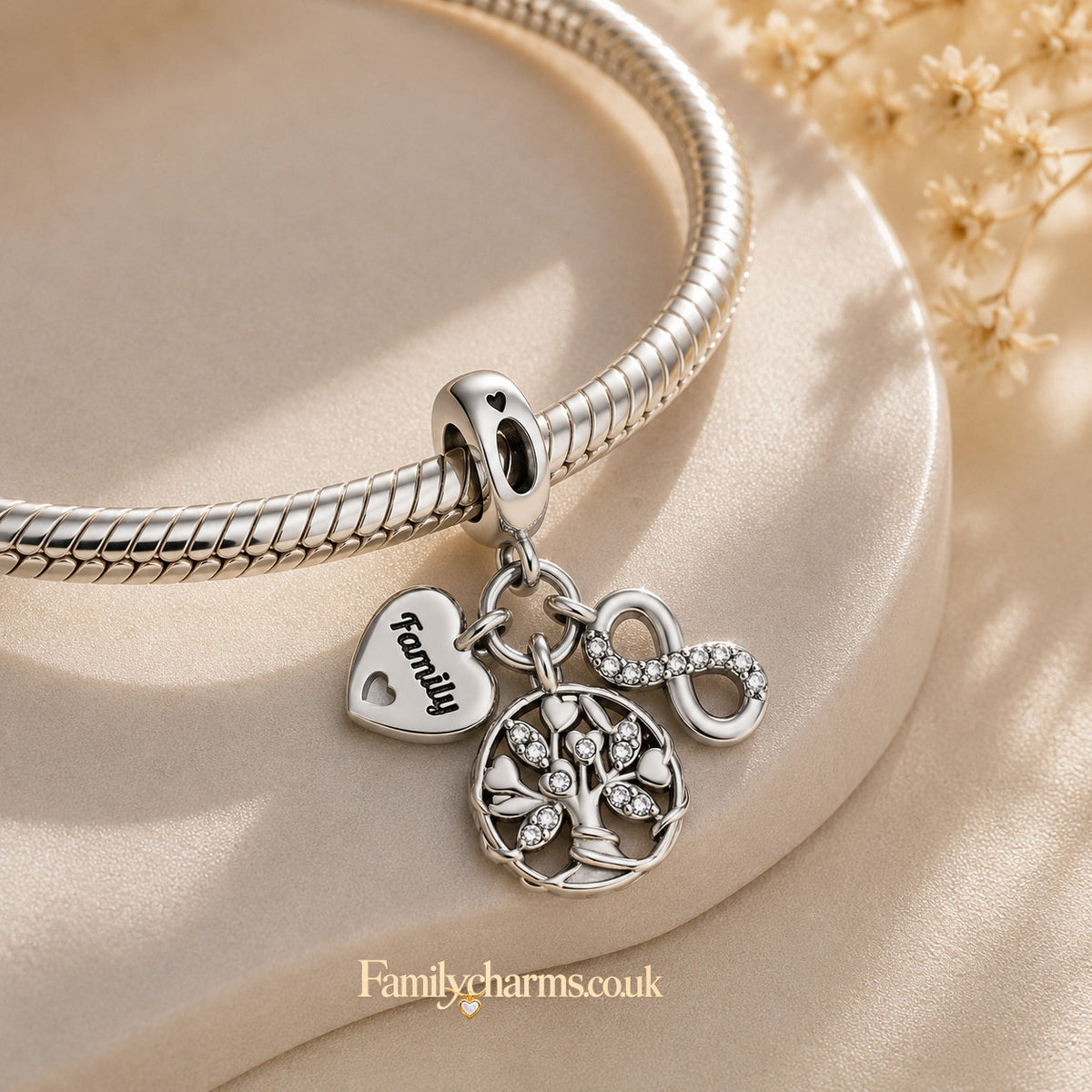 Family Tree, Heart & Infinity Triple Dangle Charm Hallmarked S925 for Charm Bracelet and Necklace