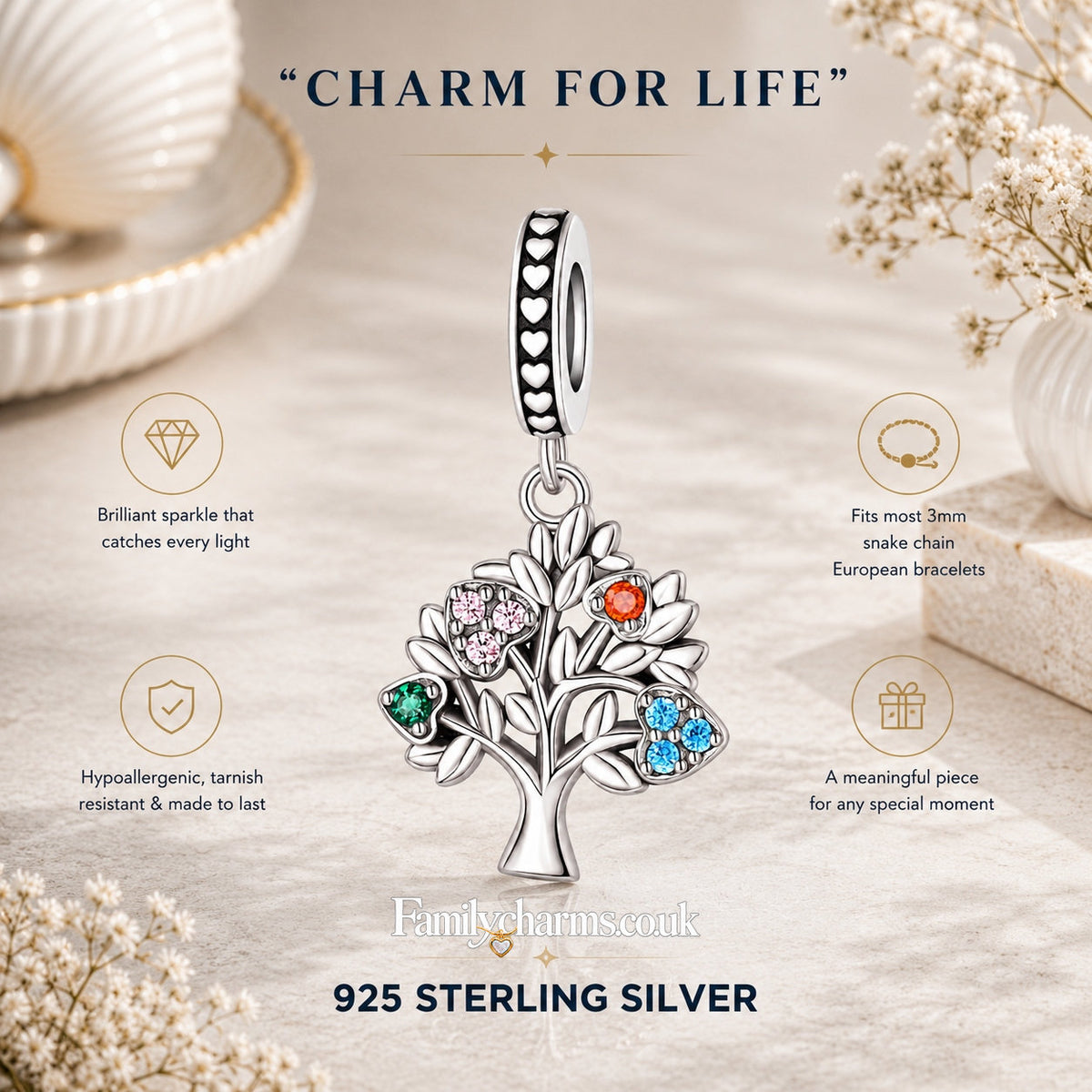 Family Tree Pendant Charm Hallmarked S925 for Charm Bracelet and Necklace