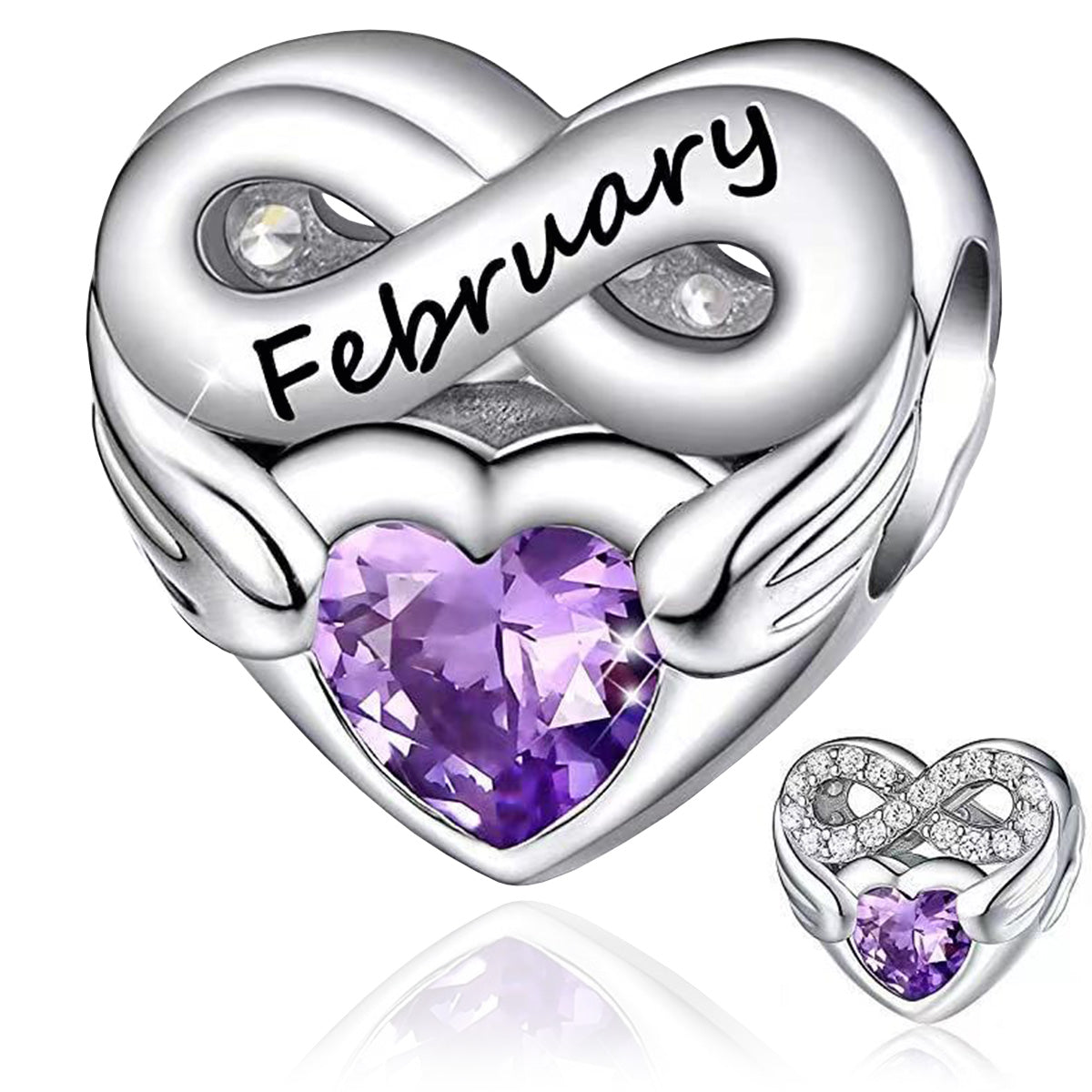 February Birthstone Months Heart Charm for Bracelet, S925 Sterling Silver
