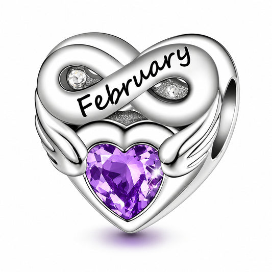 February Birthstone Months Heart Charm for Bracelet, S925 Sterling Silver