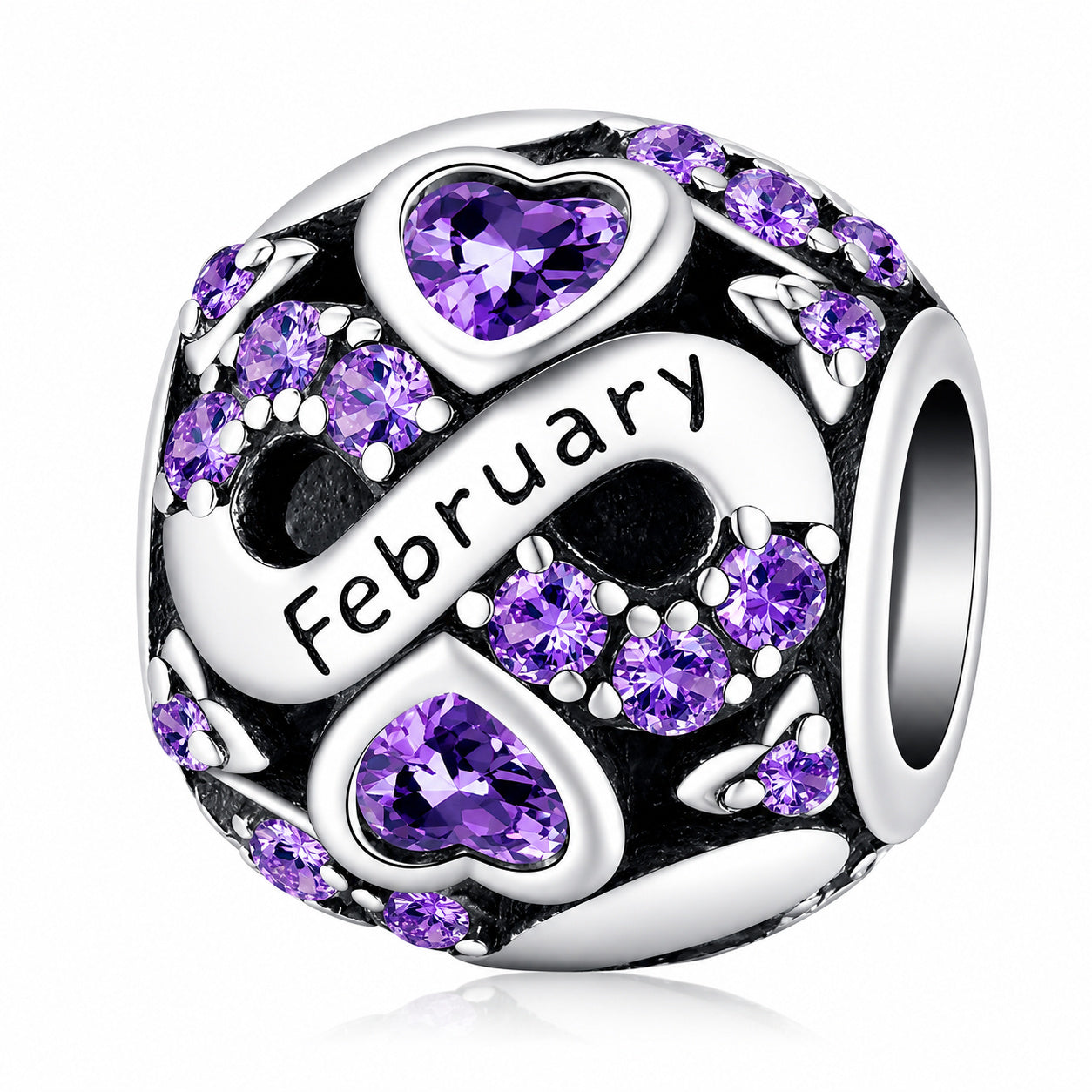 February Birthstone Infinity Birthday Bead Sterling Silver Charm Hallmarked S925 for Charm Bracelet and Necklace