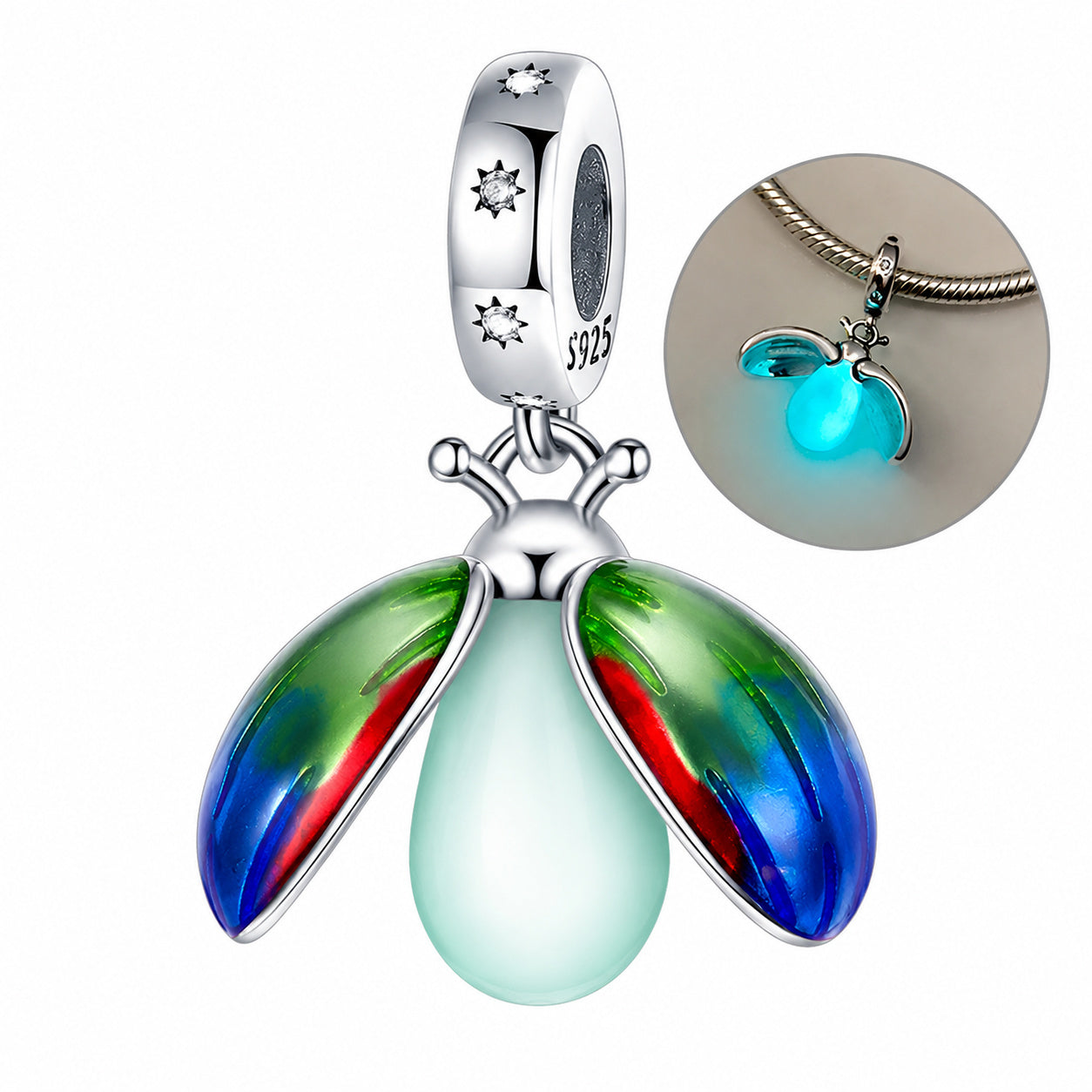 Glow in-the dark Firefly Dangle Sterling Silver Charm Hallmarked S925 for Charm Bracelet and Necklace