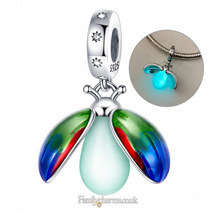 Glow in-the dark Firefly Dangle Sterling Silver Charm Hallmarked S925 for Charm Bracelet and Necklace