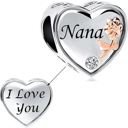 Nana I Love You Heart Sterling Silver Charm Hallmarked S925 for Charm Bracelet and Necklace