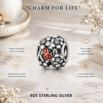Ladybug and Flower Sterling Silver Charm Hallmarked S925 for Charm Bracelet and Necklace