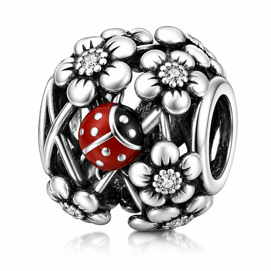 Ladybug and Flower Sterling Silver Charm Hallmarked S925 for Charm Bracelet and Necklace