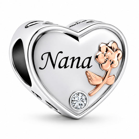 Nana I Love You Heart Sterling Silver Charm Hallmarked S925 for Charm Bracelet and Necklace