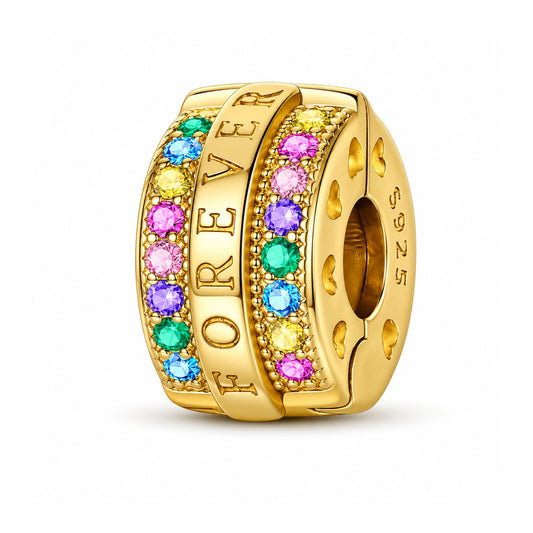Forever Rainbow Pavé Gold Clip Charm Hallmarked S925 for Charm Bracelet and Necklace