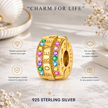 Forever Rainbow Pavé Gold Clip Charm Hallmarked S925 for Charm Bracelet and Necklace