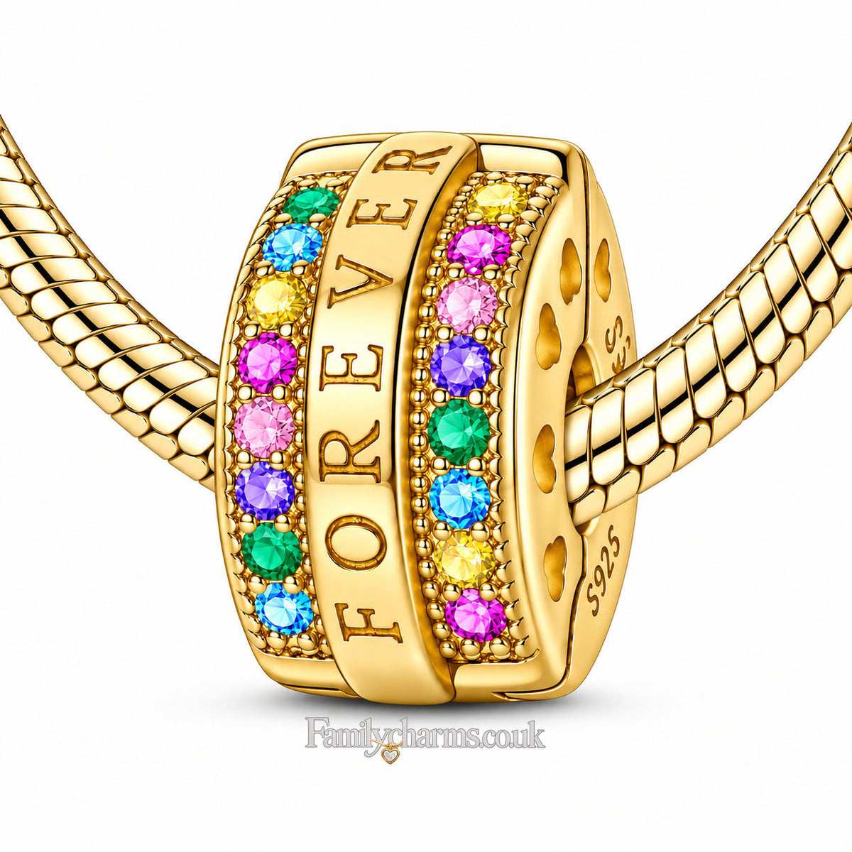 Forever Rainbow Pavé Gold Clip Charm Hallmarked S925 for Charm Bracelet and Necklace