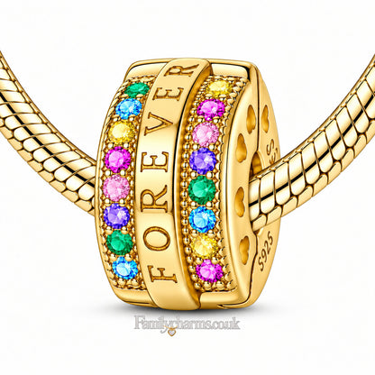 Forever Rainbow Pavé Gold Clip Charm Hallmarked S925 for Charm Bracelet and Necklace