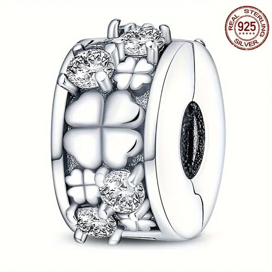 Four-Leaf Clover Charm Clip Sterling Silver Charm Hallmarked S925 for Charm Bracelet and Necklace