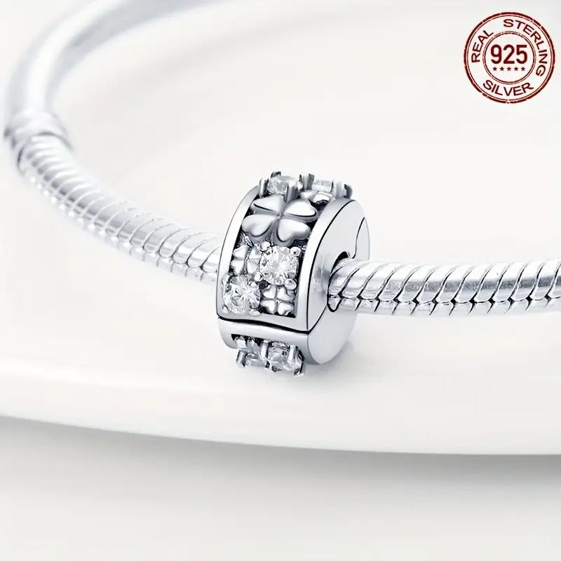 Four-Leaf Clover Charm Clip Sterling Silver Charm Hallmarked S925 for Charm Bracelet and Necklace
