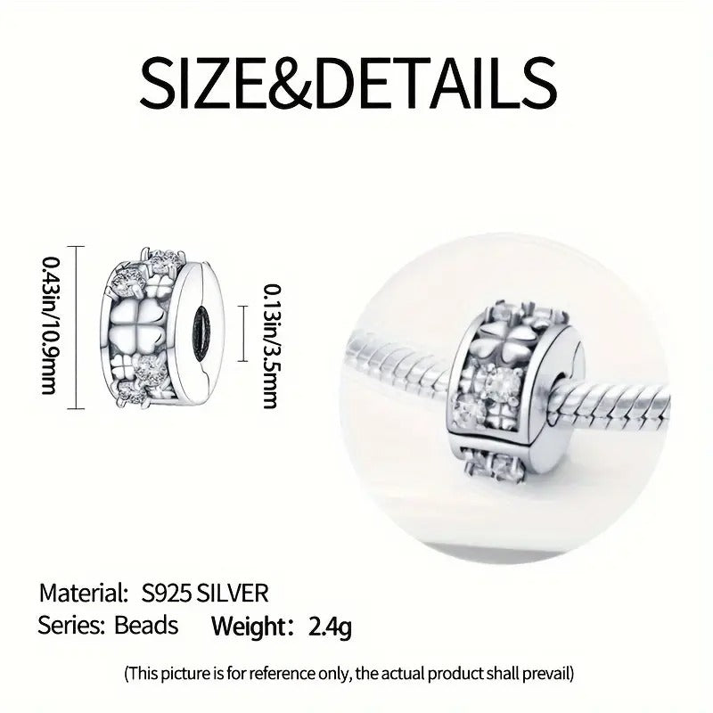 Four-Leaf Clover Charm Clip Sterling Silver Charm Hallmarked S925 for Charm Bracelet and Necklace