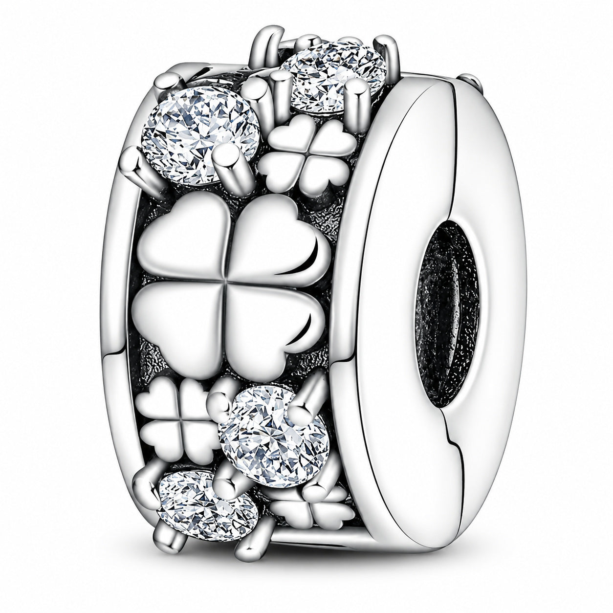 Four-Leaf Clover Charm Clip Sterling Silver Charm Hallmarked S925 for Charm Bracelet and Necklace