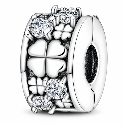 Four-Leaf Clover Charm Clip Sterling Silver Charm Hallmarked S925 for Charm Bracelet and Necklace