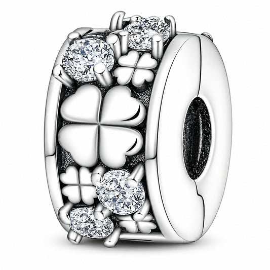 Four-Leaf Clover Charm Clip Sterling Silver Charm Hallmarked S925 for Charm Bracelet and Necklace