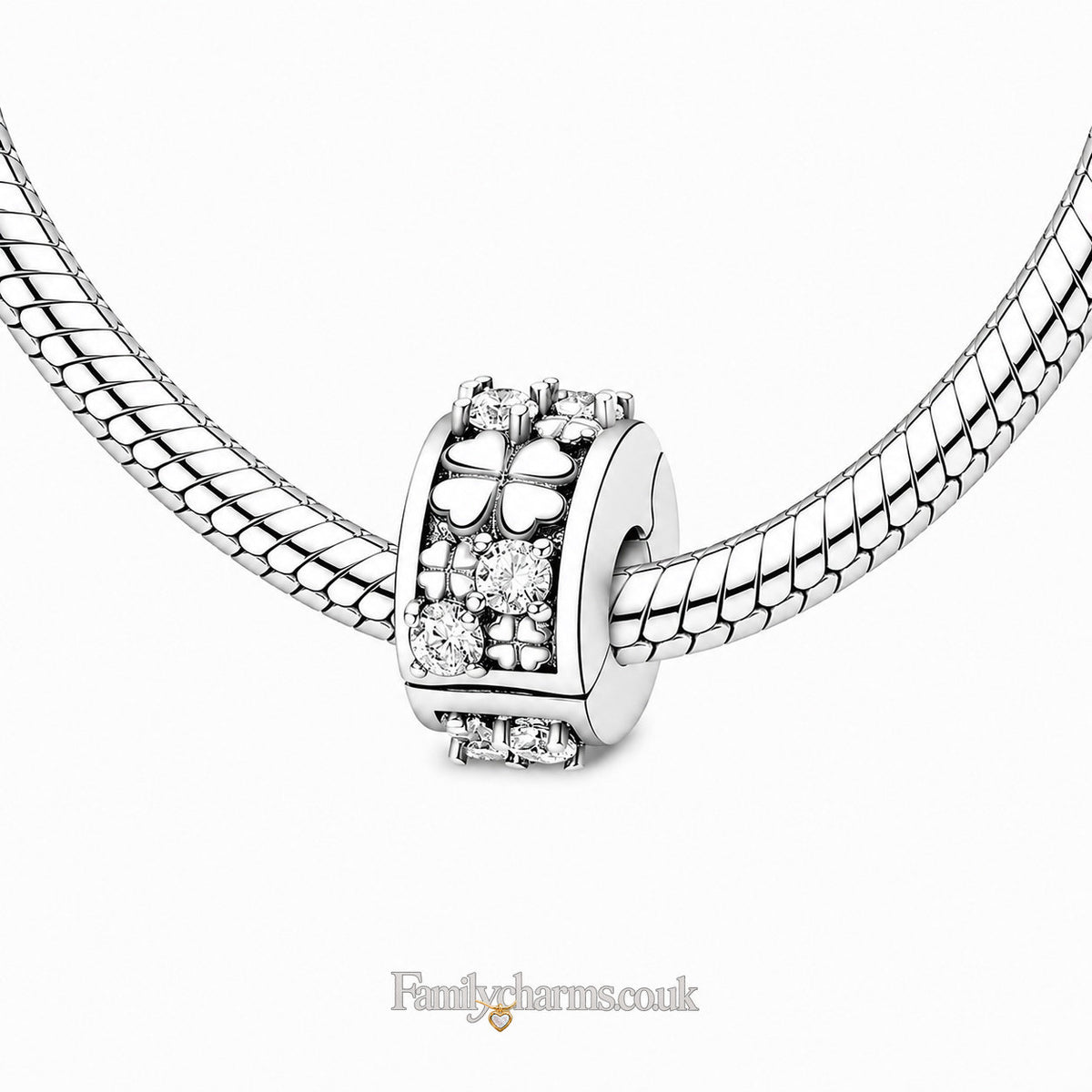 Four-Leaf Clover Charm Clip Sterling Silver Charm Hallmarked S925 for Charm Bracelet and Necklace