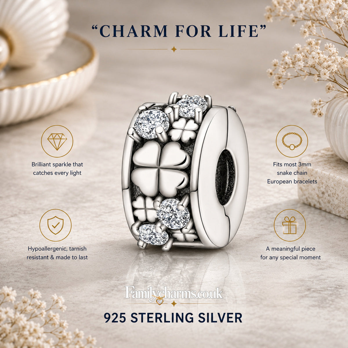 Four-Leaf Clover Charm Clip Sterling Silver Charm Hallmarked S925 for Charm Bracelet and Necklace