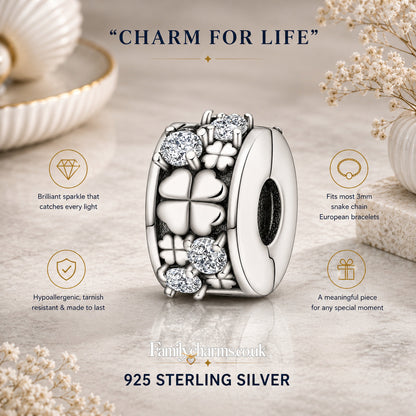 Four-Leaf Clover Charm Clip Sterling Silver Charm Hallmarked S925 for Charm Bracelet and Necklace