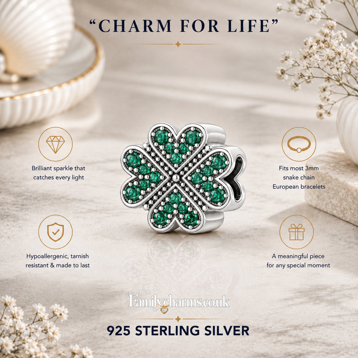 Four Leaf Clover Sterling Silver Charm Hallmarked S925 for Charm Bracelet and Necklace