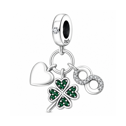 Four Leaf Clover, Infinity, Heart Dangle Sterling Silver Charm Hallmarked S925 for Charm Bracelet and Necklace