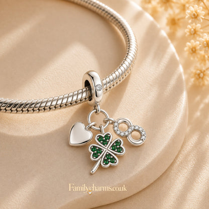 Four Leaf Clover, Infinity, Heart Dangle Sterling Silver Charm Hallmarked S925 for Charm Bracelet and Necklace