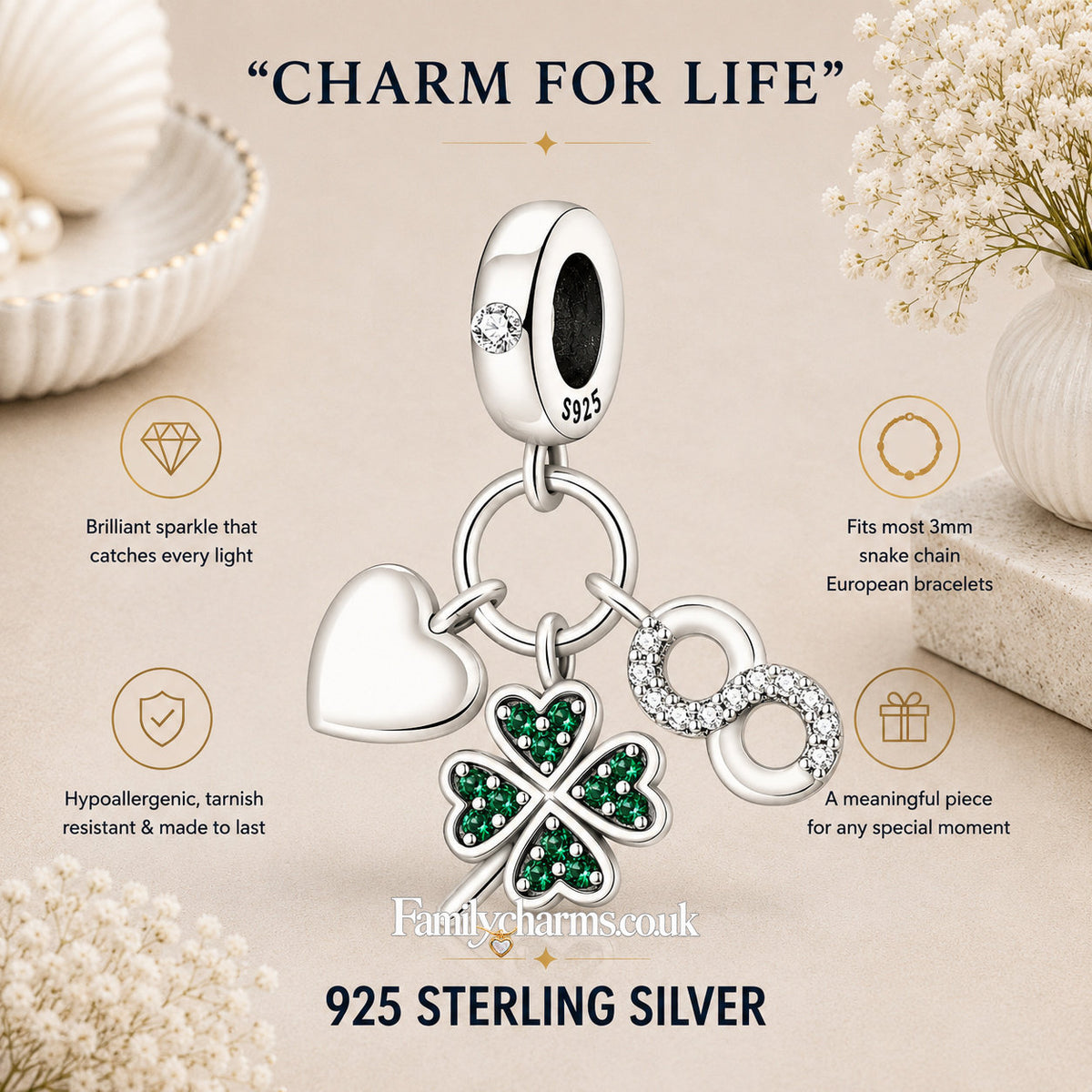 Four Leaf Clover, Infinity, Heart Dangle Sterling Silver Charm Hallmarked S925 for Charm Bracelet and Necklace