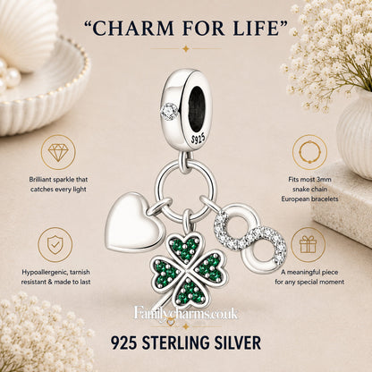 Four Leaf Clover, Infinity, Heart Dangle Sterling Silver Charm Hallmarked S925 for Charm Bracelet and Necklace