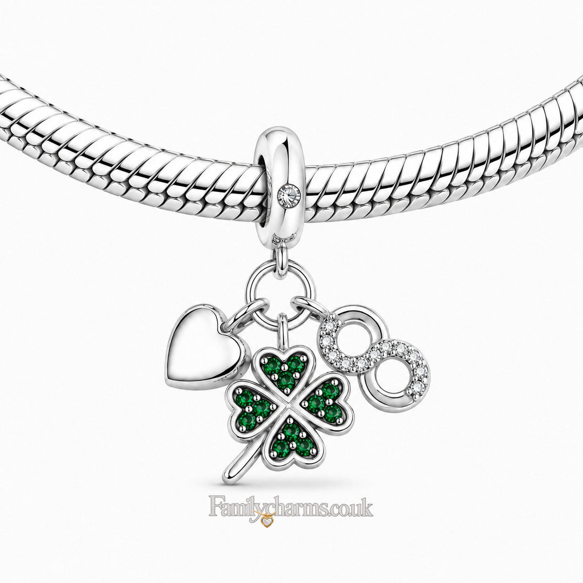 Four Leaf Clover, Infinity, Heart Dangle Sterling Silver Charm Hallmarked S925 for Charm Bracelet and Necklace