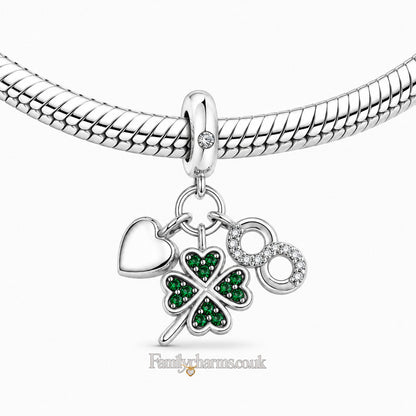 Four Leaf Clover, Infinity, Heart Dangle Sterling Silver Charm Hallmarked S925 for Charm Bracelet and Necklace