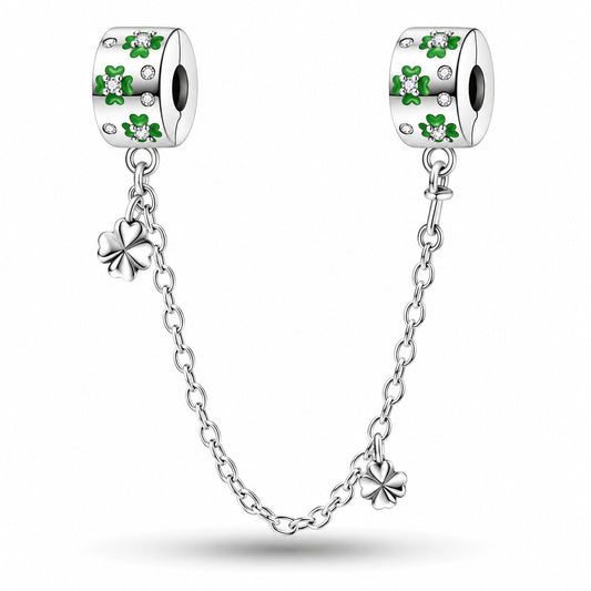 Four Leaf Clover Safety Chain Sterling Silver Charm Hallmarked S925 for Charm Bracelet and Necklace