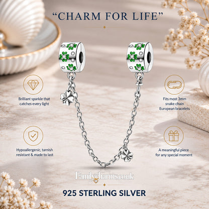 Four Leaf Clover Safety Chain Sterling Silver Charm Hallmarked S925 for Charm Bracelet and Necklace