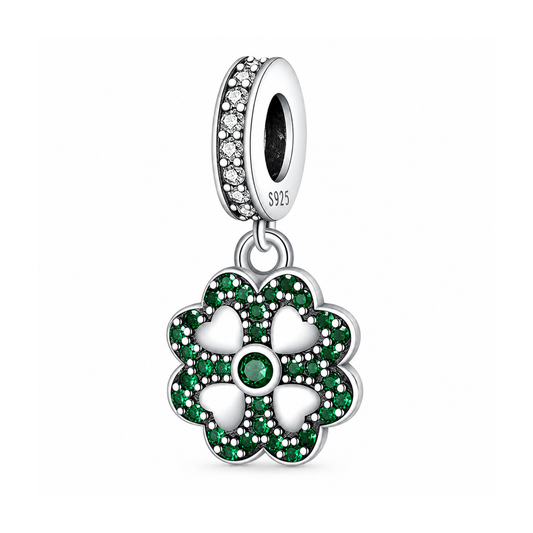 Four Leave Clover Lucky Green Dangle Sterling Silver Charm Hallmarked S925 for Charm Bracelet and Necklace