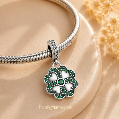 Four Leave Clover Lucky Green Dangle Sterling Silver Charm Hallmarked S925 for Charm Bracelet and Necklace