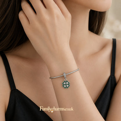 Four Leave Clover Lucky Green Dangle Sterling Silver Charm Hallmarked S925 for Charm Bracelet and Necklace