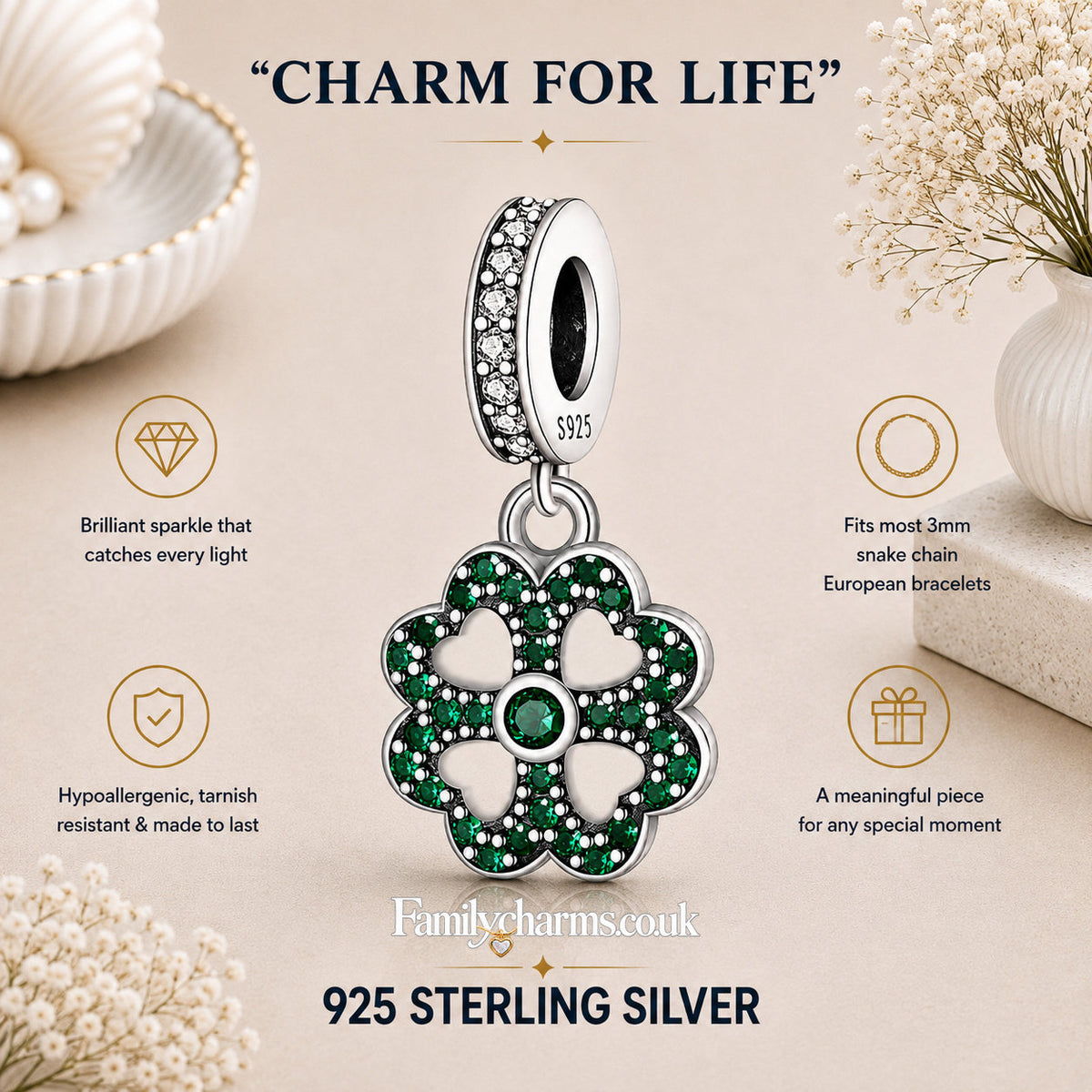 Four Leave Clover Lucky Green Dangle Sterling Silver Charm Hallmarked S925 for Charm Bracelet and Necklace