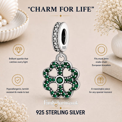 Four Leave Clover Lucky Green Dangle Sterling Silver Charm Hallmarked S925 for Charm Bracelet and Necklace