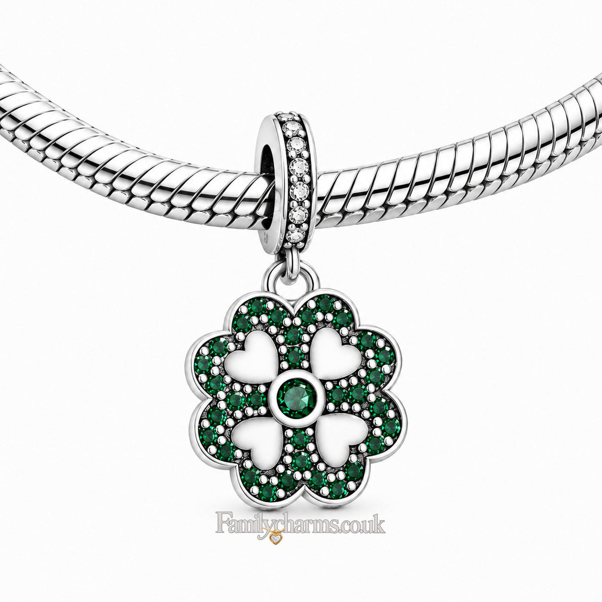Four Leave Clover Lucky Green Dangle Sterling Silver Charm Hallmarked S925 for Charm Bracelet and Necklace